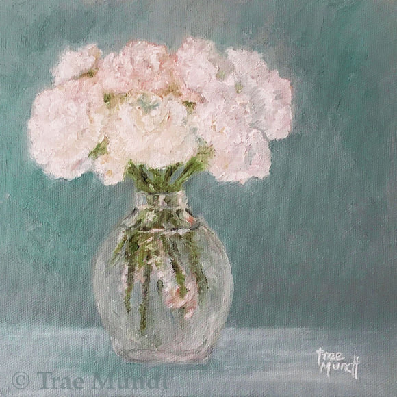 Purity - Delicate Pink Flowers Placed in a Crystal Vase with Teal-Gray Background by artist Trae Mundt.
