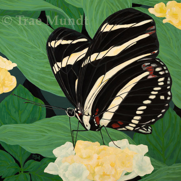 Elegant - Zebra Longwing Butterfly Gracefully Standing Atop Lantana Garden Blooms Surrounded by Green Leaves by artist Trae Mundt.