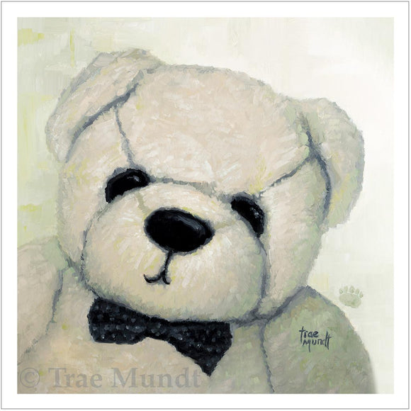 Bingo by artist Trae Mundt. Bearie Blvd. Bears®. Close-up of Portrait of taupe bear wearing a polka dot black bow tie.