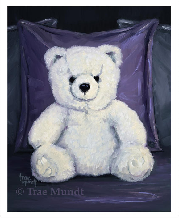 Bruno - White Bear Sitting on Satin Purple Comforter leaning against Purple and Gray Satin Pillows - Fine Art Print - Bearie Blvd. Bears®