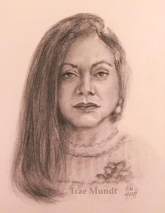 Portrait of Columbia woman charcoal and pencil drawing Trae Mundt.