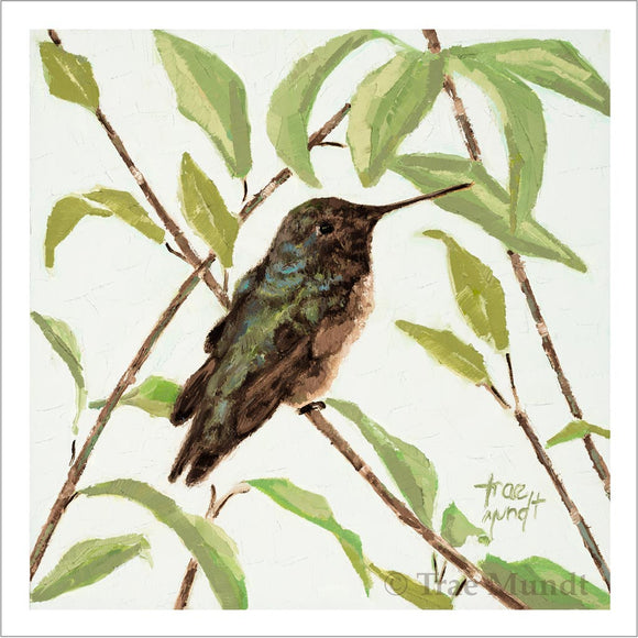 Early to Rise - Brown and Green Hummingbird Resting on a Branch with Green Leaves against a very Light Green Textured Wall Oil Limited Edition Giclee Art Print by Trae Mundt.