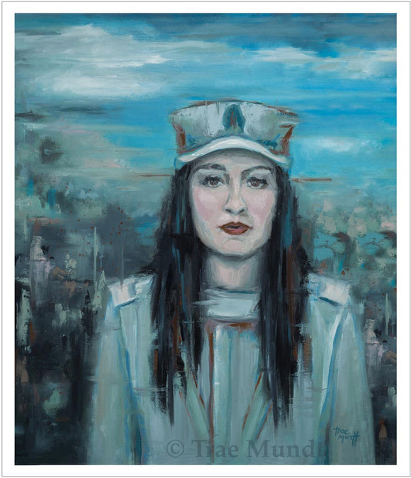 Mission Accomplished - Brunette Woman Soldier Wearing Uniform - Limited Edition Giclee Art Print by Trae Mundt. Colors - turquoise, gray, blue, rust and black.