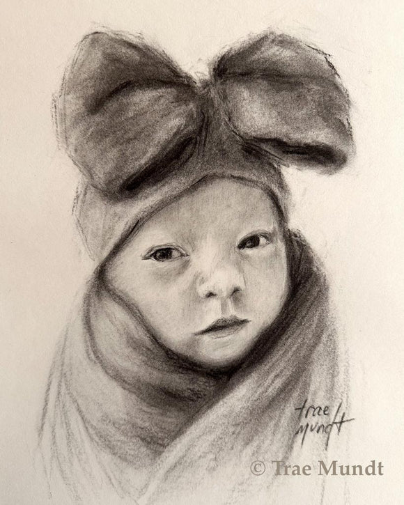 Adaline with a very big bow headband - Charcoal Portrait - by Trae Mundt.