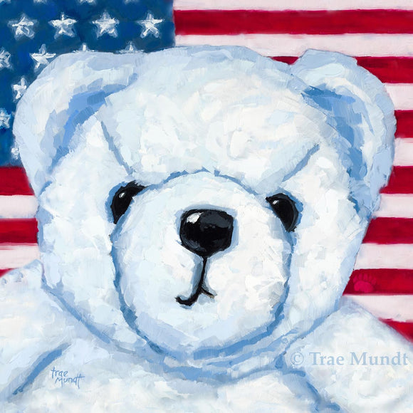 Albert by Trae Mundt. Patriotic white teddy bear portrait with red white and blue American flag background. Bearie Blvd. Bears®. 