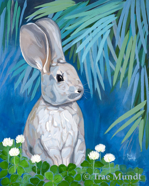 Baxter - Rabbit Sitting in Clover with Blue and Green Stylized Podocarpus Leaves Above and Behind Acrylic Painting 20x16 inches by Trae Mundt.