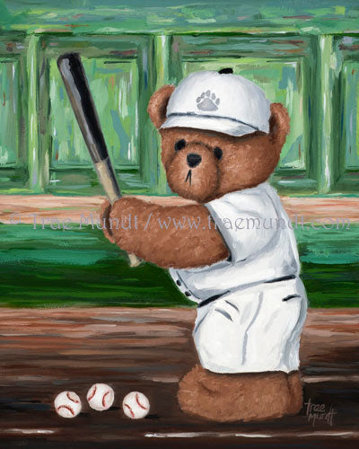 Bentley oil painting by artist Trae Mundt. Bearie Blvd. Bears® brown teddy bear playing baseball at home plate getting ready to swing bat white uniform green and brown background colors.