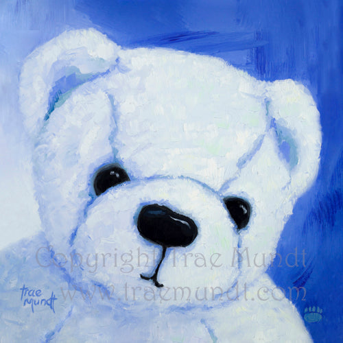 Buster - painting of white teddy bear by Artist Trae Mundt. Portrait. Young teddy bear with big black eyes. Background blue.