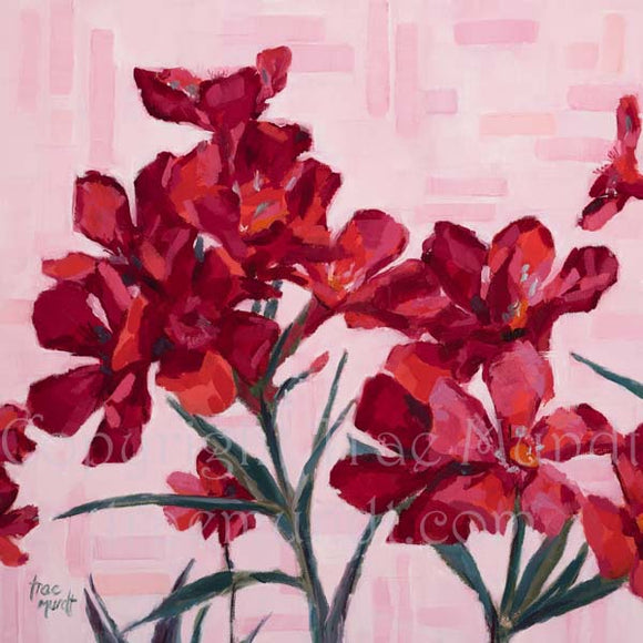 Cerise oil painting by artist Trae Mundt. Rich red oleander flowers with thin gray green stems with background of geometric shapes in shades of pink.
