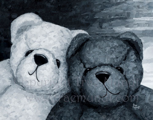 Charley and Harley - Bearie Blvd. Bears ®. Portrait of two best friends - a black teddy bear and a white teddy bear. Fine art prints by artist Trae Mundt. Best Friends Forever.