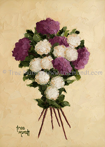 Crisscross Oil Painting by artist Trae Mundt. Bouquet of purple magenta white beige button flowers with crisscrossed stems background textured beige color.