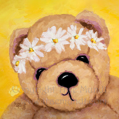 Daisy oil painting by artist Trae Mundt. Bearie Blvd. Bears® portrait of Light brown teddy bear wearing a white daisy headband. Yellow background.