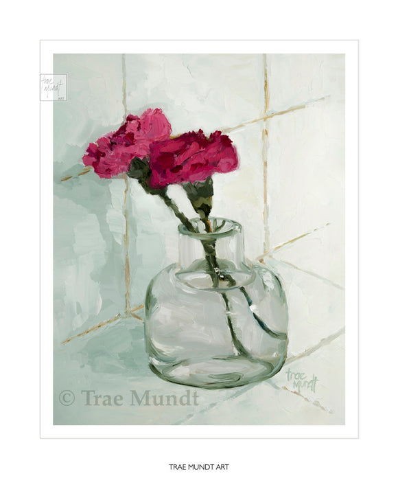 Duet - oil painting by Trae Mundt two red pink carnations in miniature glass vase with white and pale green tile background