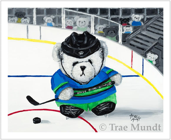 Evan - White Bear Playing Ice Hockey Holding Hockey Stick Wearing Blue, Green, and Black Uniform, Black Skates, and Black Helmet Surrounded by Bear Fans in the Stands - Fine Art Print - Bearie Blvd. Bears® by Trae Mundt