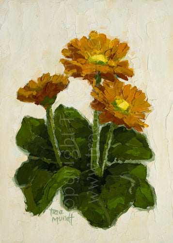 Faith, Hope, Charity is an oil painting by artist Trae Mundt. Three yellow-orange daisies atop green leaves with a yellow cream textured background. Entire painting painted with a palette knife. Impasto Painting.