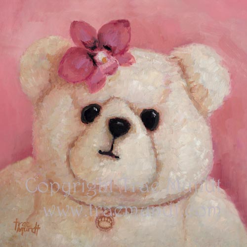 Francine - Bearie Blvd. Bears ® - oil painting portrait of light tan teddy bear with pink orchid on her head pink background.