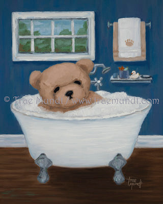 Franky - oil painting by Trae Mundt. Bearie Blvd. Bears®. Brown teddy bear taking bath in clawfoot tub with bubbles in blue bathroom with hardwood floor.