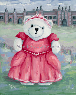 Henrietta one of the Bearie Blvd. Bears by artist Trae Mundt. White teddy bear wearing red and pink princess ball gown and jeweled tiara standing in a field of flowers in front of her castle.
