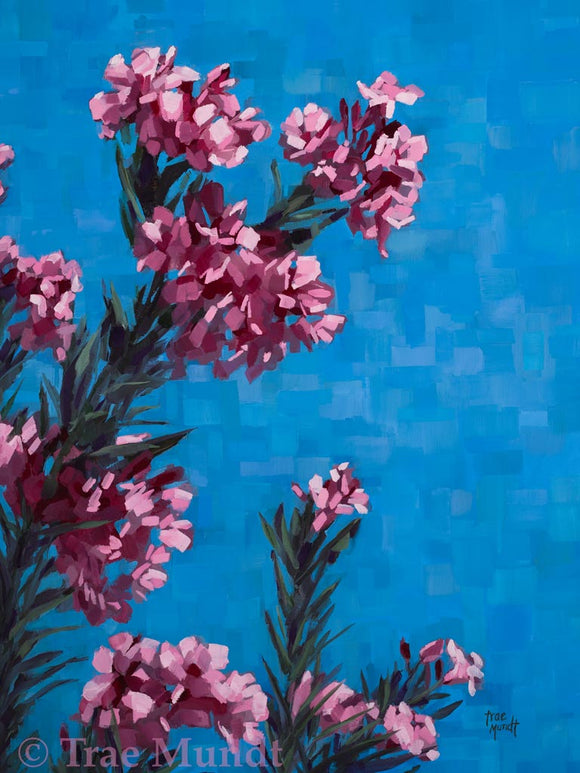 Hopeful - Oil Painting by artist Trae Mundt. Pink Oleander Flowers reaching up to the sky with geometric background shades of blue. 
