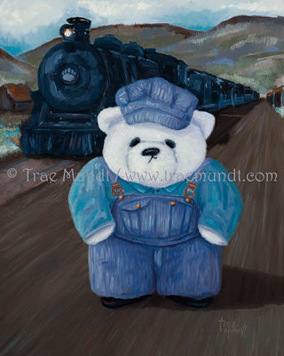 Humphrey by Trae Mundt Bearie Blvd. Bears ® White teddy bear wearing overalls standing in front of black locomotive train