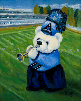 Joey teddy bear art print by artist Trae Mundt. White teddy bear playing trumpet in on stadium field wearing blue uniform.