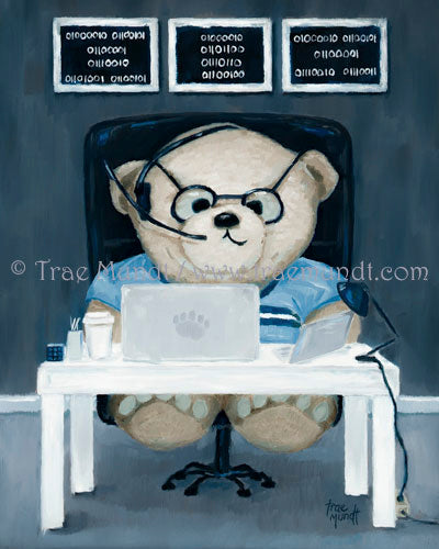 Marcus by Trae Mundt. Bearie Blvd. Bears® Tan teddy bear sitting at his white desk working on his computer wearing headphones with binary wall art behind him on blue wall.