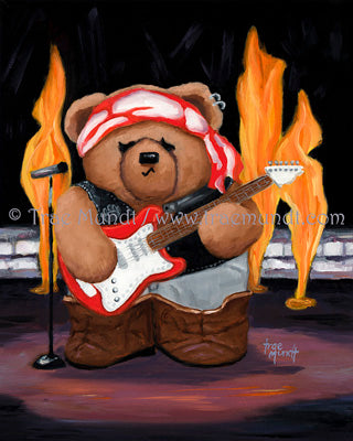 Martin by Trae Mundt Bearie Blvd. Bears® Rockstar Brown teddy bear with electric guitar, black leather vest, red and white scarf on head, cartilage earrings, frames on stage.