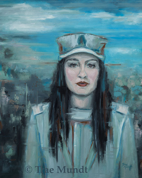 Mission Accomplished. Oil Painting by artist Trae Mundt. Woman soldier coming our of the the battlefield. Long bown black hair. Colors of painting are blue, green, muted turquoise and shades of gray.