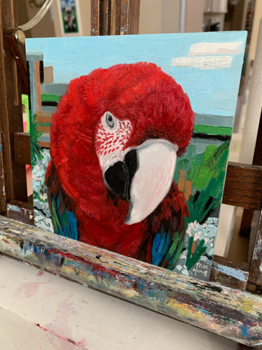 Photinia oil painting of Macaw parrot by artist Trae Mundt. Video on Instagram.