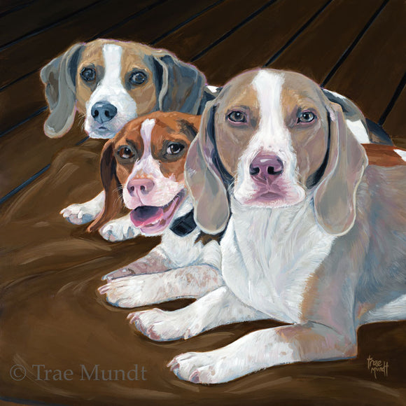 Portrait Painting of Poppy, Walnut, and Gary pocket beagles. Painted with Acrylic paints on cradled panel by Trae Mundt.