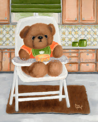 Rudy by artist Trae Mundt. Bearie Blvd. Bears®.  Oil Painting of brown baby teddy bear sitting in white highchair wearing orange tshirt with lime green bib in kitchen with green valance brown rug and tile walls.