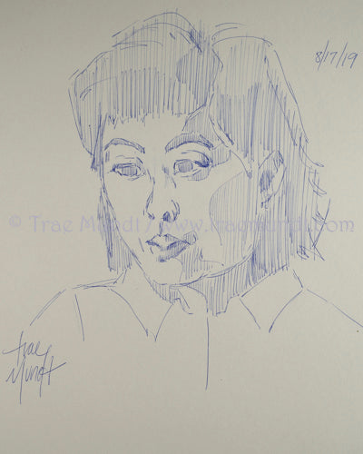 Portrait sketch of Asian woman with ball point pen by artist Trae Mundt.