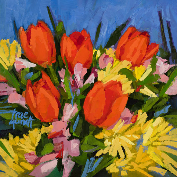 Spring - Colorful Arrangement of Flowers from Tulips to Chrysanthemums - Oil Painting by artist Trae Mundt.