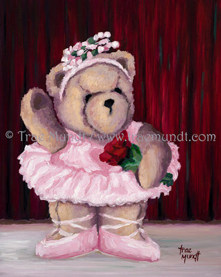 Sveta by Trae Mundt Bearie Blvd. Bears® Tan Teddy bear Ballerina whearing pink tutu standing on stage holding bouquet of roses.