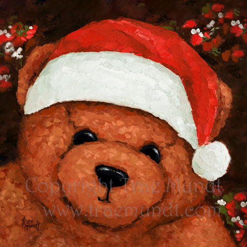 Timmy oil painting by artist Trae Mundt. Portrait of a red brown teddy bear wearing a red and white santa hat. The background is dark brown with holly leaves branches and berries.