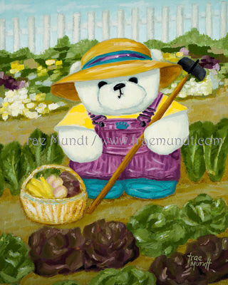 Tula - teddy bear art print by Trae Mundt. Bearie Blvd. Bears ™. White teddy bear wearing purple striped overalls and yellow t-shirt and straw hat working in her garden of vegetables and flowers surrounded by white picket fence.