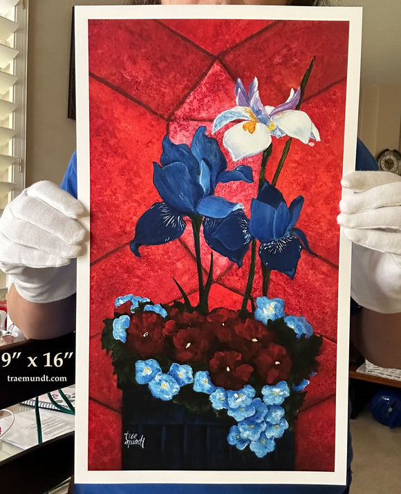 Vivere - Two Blue Iris Flowers and One White Lily in Navy Colored Pot with Crimson Red and Light Blue Flowers with Background Red-Salmon Tiled Geometric Design by Trae Mundt. Limited Edition Art Print.
