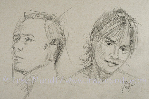 Portrait Pencil Drawing sketch of Beautiful brunette with hair in a ponytail and man gazing sideways on gray paper