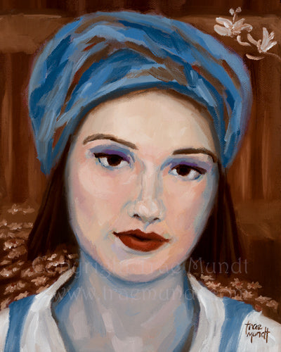 Young and Free oil painting by artist Trae Mundt. Young woman with brown eyes and short brown hair wearing a blue and brown fabric beret hat and white shirt with blue suspenders. Background painted in shades of burnt umber with a field of white daisies.