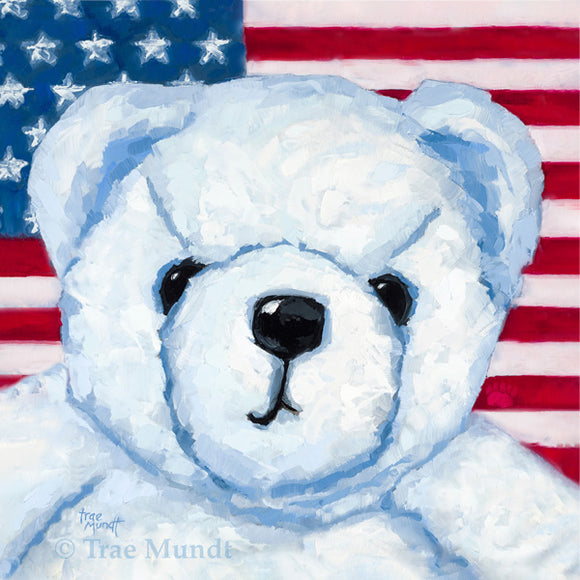 Albert - Oil painting by artist Trae Mundt. White bear portrait with American flag background. Red white and blue
