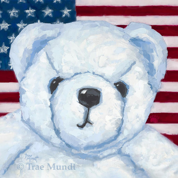 Albert - White Bear with American Flag Background - Fine Art Print - Bearie Blvd. Bears®