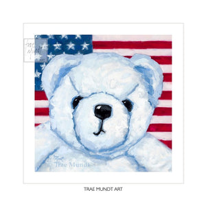 Art print of Albert Oil Painting by artist Trae Mundt. Portrait of white bear with the american flag background. Red white and blue colors. Bearie Blvd. Bears®.