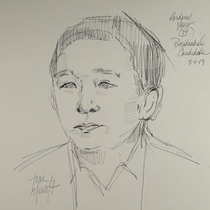 Ballpoint pen portrait of Andew Yang in 2019 by artist Trae Mundt.