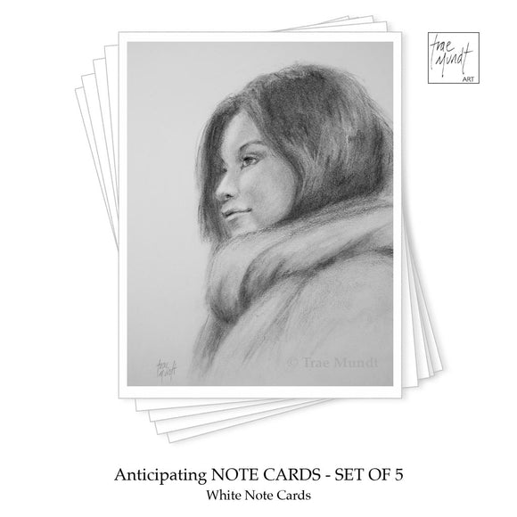 Set of five white note cards with a pencil drawing of a woman's face on a white background.