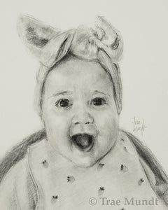 Audrey Flora - a beautiful baby girl charcoal and pencil portrait by Trae Mundt. Big bow on head.
