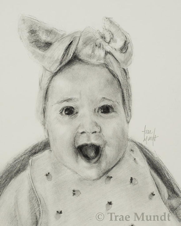 Audrey Flora - a beautiful baby girl charcoal and pencil portrait by Trae Mundt. Big bow on head.