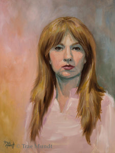 Beauty by Trae Mundt. Oil Painting portrait of woman with long red blonde hair wearing pink blouse. background colors pink, gold and blues