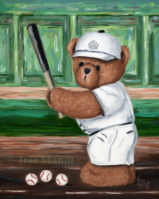 Bentley, Bear Art Print by Trae Mundt. Bearie Blvd. Bears™ collection. Brown bear wearing white baseball uniform and white hat standing at home plate holding baseball bat with three baseballs near his feet.
