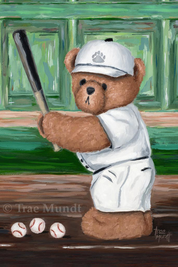 Bentley - Brown Bear Wearing White Baseball Uniform Standing at Home Plate Holding Baseball Bat - Fine Art Print - Bearie Blvd. Bears® by Trae Mundt