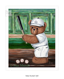Art print of Bentley, Bear by Trae Mundt. Bearie Blvd. Bears™ collection. Brown bear wearing white baseball uniform and white hat standing at home plate holding baseball bat with three baseballs near his feet.